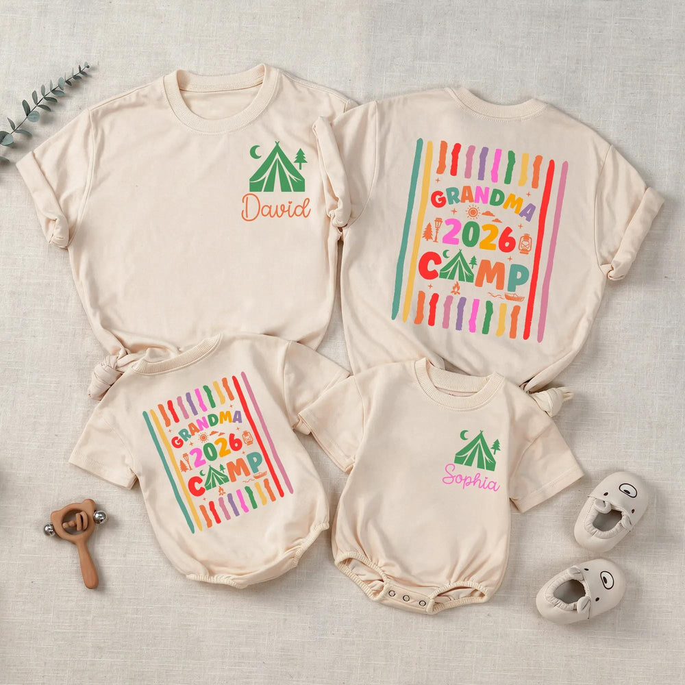 Personalized Grandma Camp 2026 Shirts with Custom Names, Colorful Camping Design Tee and Baby Romper for Family Gatherings or Holidays