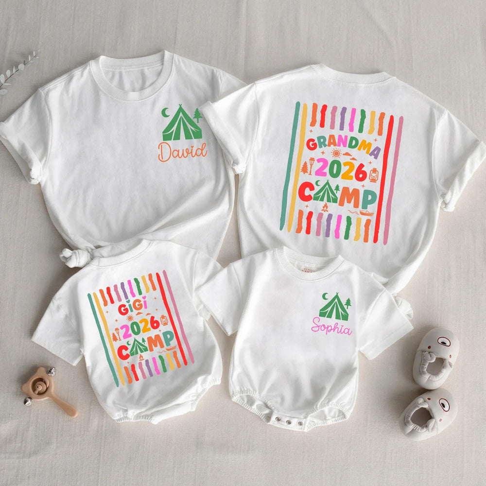 Personalized Grandma Camp 2026 Shirts with Custom Names, Colorful Camping Design Tee and Baby Romper for Family Gatherings or Holidays