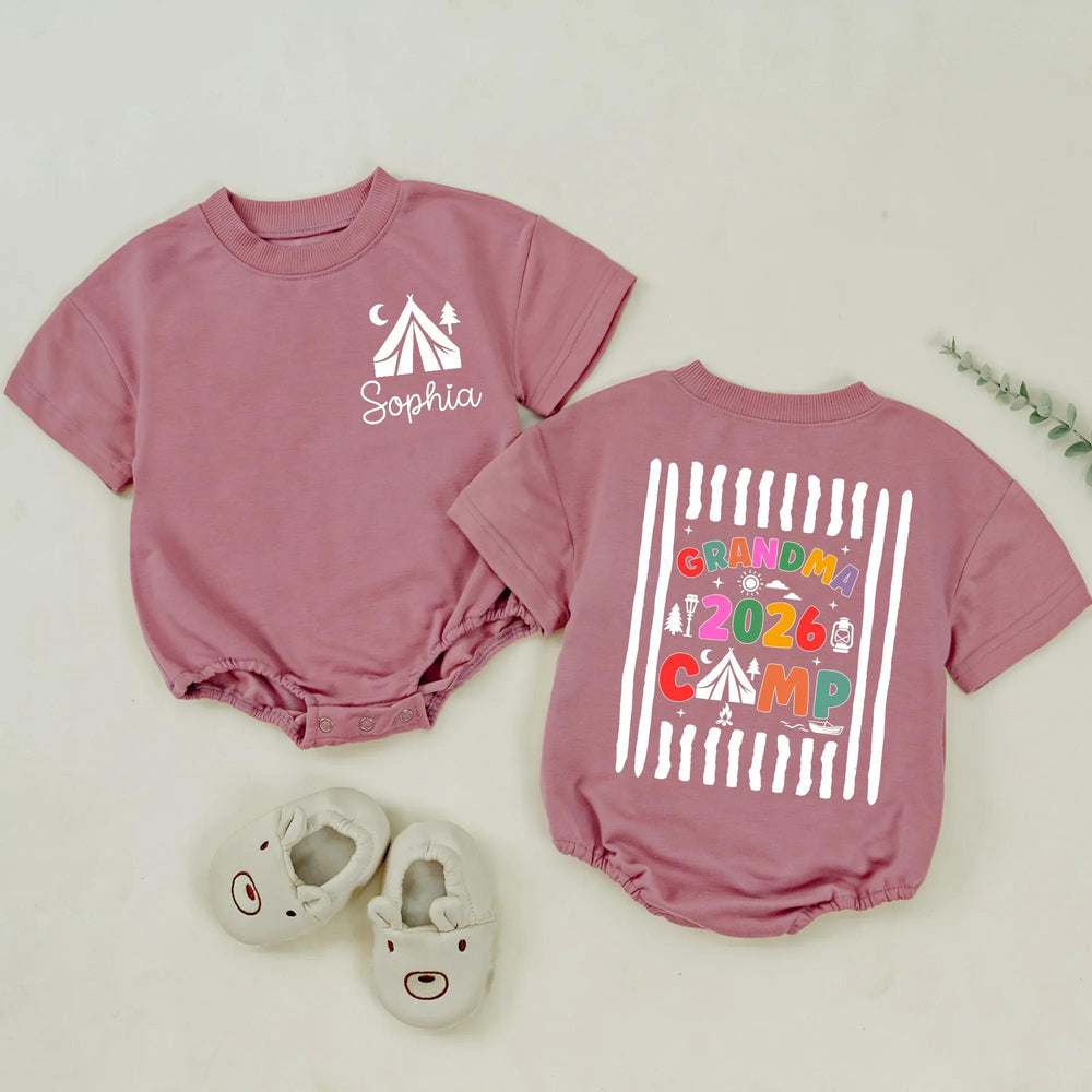 Personalized Grandma Camp 2026 Shirts with Custom Names, Colorful Camping Design Tee and Baby Romper for Family Gatherings or Holidays