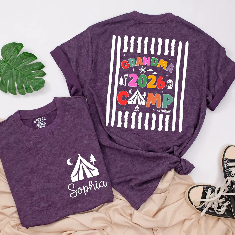 Personalized Grandma Camp 2026 Shirts with Custom Names, Colorful Camping Design Tee and Baby Romper for Family Gatherings or Holidays