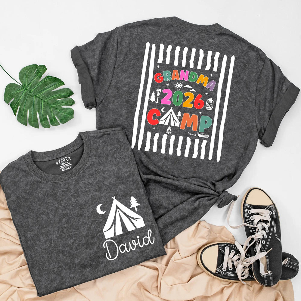 Personalized Grandma Camp 2026 Shirts with Custom Names, Colorful Camping Design Tee and Baby Romper for Family Gatherings or Holidays