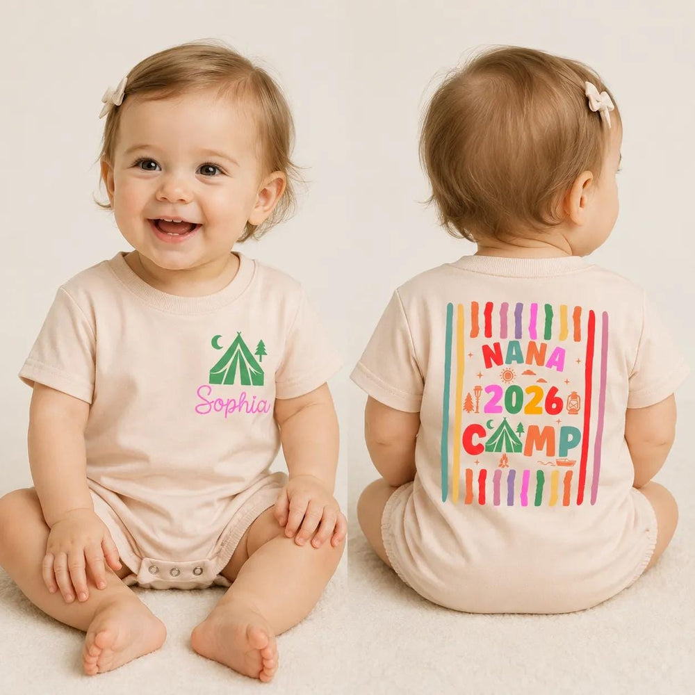 Personalized Grandma Camp 2026 Shirts with Custom Names, Colorful Camping Design Tee and Baby Romper for Family Gatherings or Holidays