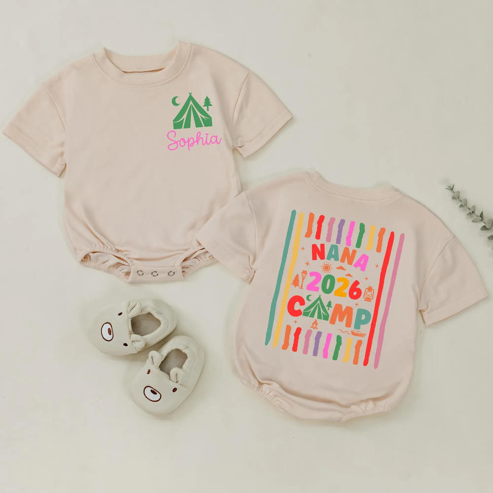 Personalized Grandma Camp 2026 Shirts with Custom Names, Colorful Camping Design Tee and Baby Romper for Family Gatherings or Holidays