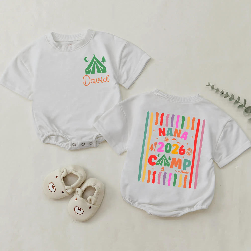 Personalized Grandma Camp 2026 Shirts with Custom Names, Colorful Camping Design Tee and Baby Romper for Family Gatherings or Holidays