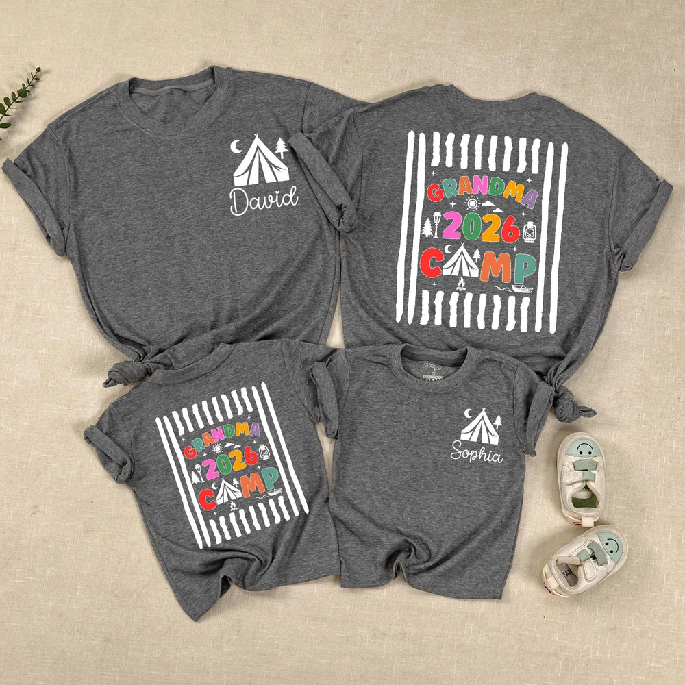 Personalized Grandma Camp 2026 Shirts with Custom Names, Colorful Camping Design Tee and Baby Romper for Family Gatherings or Holidays