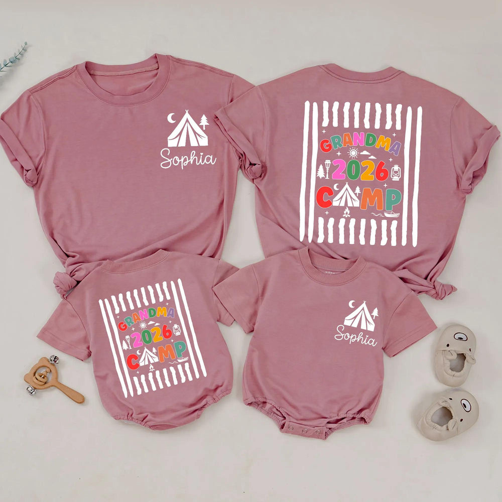 Personalized Grandma Camp 2026 Shirts with Custom Names, Colorful Camping Design Tee and Baby Romper for Family Gatherings or Holidays