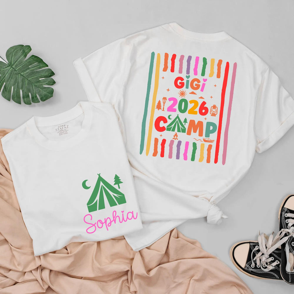 Personalized Grandma Camp 2026 Shirts with Custom Names, Colorful Camping Design Tee and Baby Romper for Family Gatherings or Holidays