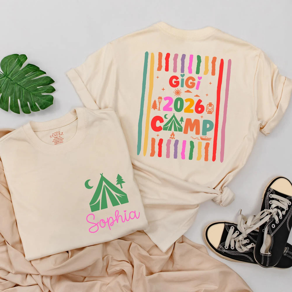 Personalized Grandma Camp 2026 Shirts with Custom Names, Colorful Camping Design Tee and Baby Romper for Family Gatherings or Holidays