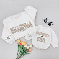 Personalized Grandma and Granddaughter Matching Sweatshirts with Vintage Floral Design Custom Names Heart Details Soft Cotton Comfortable Gift