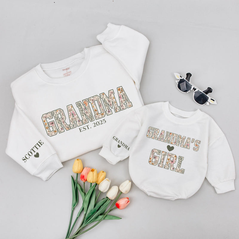 Personalized Grandma and Granddaughter Matching Sweatshirts with Vintage Floral Design Custom Names Heart Details Soft Cotton Comfortable Gift