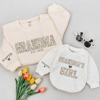 Personalized Grandma and Granddaughter Matching Sweatshirts with Vintage Floral Design Custom Names Heart Details Soft Cotton Comfortable Gift