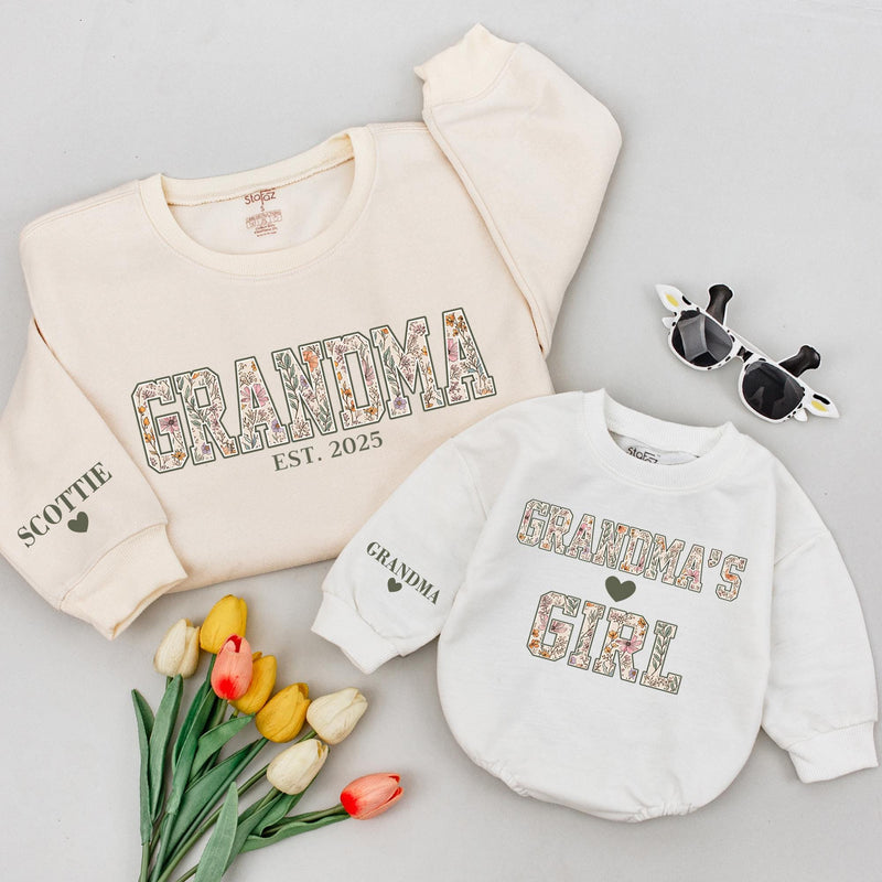 Personalized Grandma and Granddaughter Matching Sweatshirts with Vintage Floral Design Custom Names Heart Details Soft Cotton Comfortable Gift
