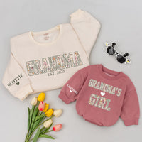 Personalized Grandma and Granddaughter Matching Sweatshirts with Vintage Floral Design Custom Names Heart Details Soft Cotton Comfortable Gift