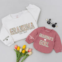 Personalized Grandma and Granddaughter Matching Sweatshirts with Vintage Floral Design Custom Names Heart Details Soft Cotton Comfortable Gift