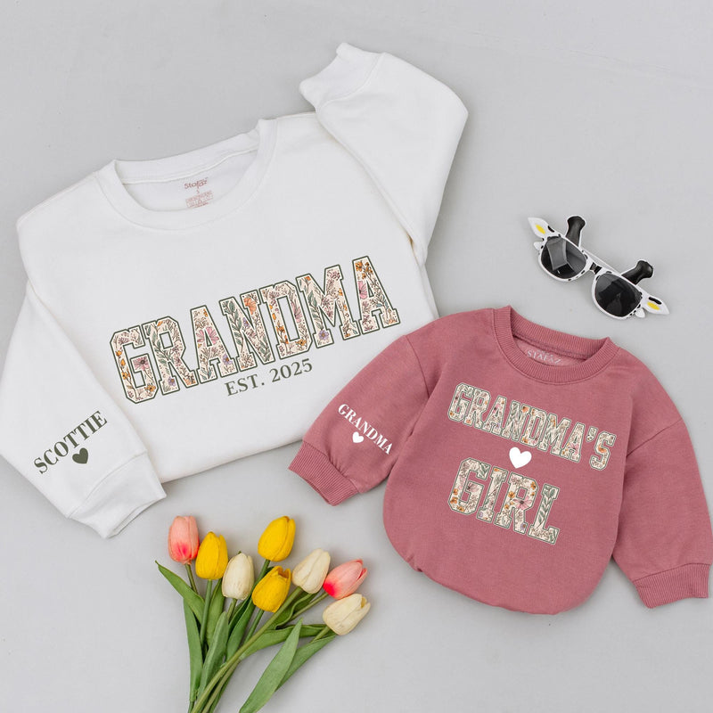 Personalized Grandma and Granddaughter Matching Sweatshirts with Vintage Floral Design Custom Names Heart Details Soft Cotton Comfortable Gift