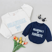 Personalized Grandma and Me Matching Shirts Blue Floral Bow Design Custom Names Grammy Baby Outfit Vintage Cotton Gift for New Grandma