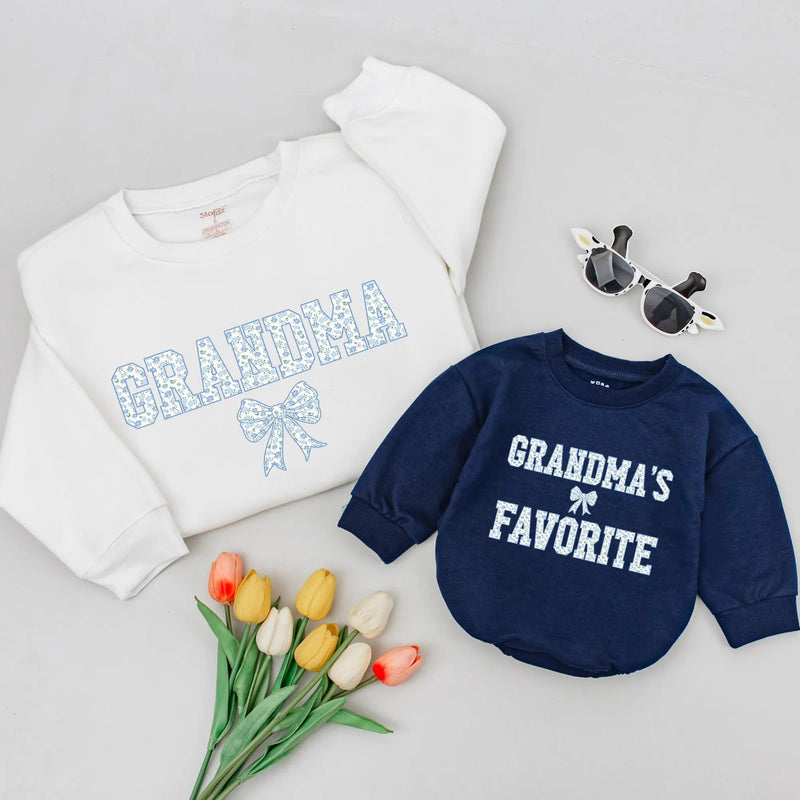 Personalized Grandma and Me Matching Shirts Blue Floral Bow Design Custom Names Grammy Baby Outfit Vintage Cotton Gift for New Grandma
