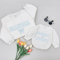 Personalized Grandma and Me Matching Shirts Blue Floral Bow Design Custom Names Grammy Baby Outfit Vintage Cotton Gift for New Grandma