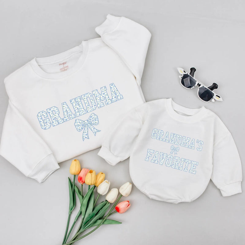 Personalized Grandma and Me Matching Shirts Blue Floral Bow Design Custom Names Grammy Baby Outfit Vintage Cotton Gift for New Grandma