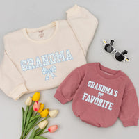 Personalized Grandma and Me Matching Shirts Blue Floral Bow Design Custom Names Grammy Baby Outfit Vintage Cotton Gift for New Grandma