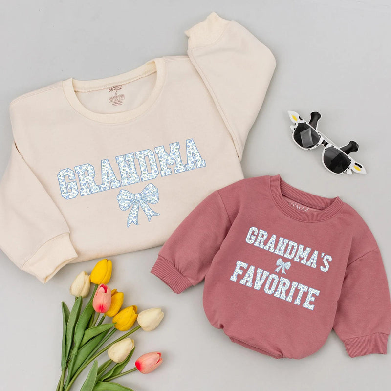 Personalized Grandma and Me Matching Shirts Blue Floral Bow Design Custom Names Grammy Baby Outfit Vintage Cotton Gift for New Grandma
