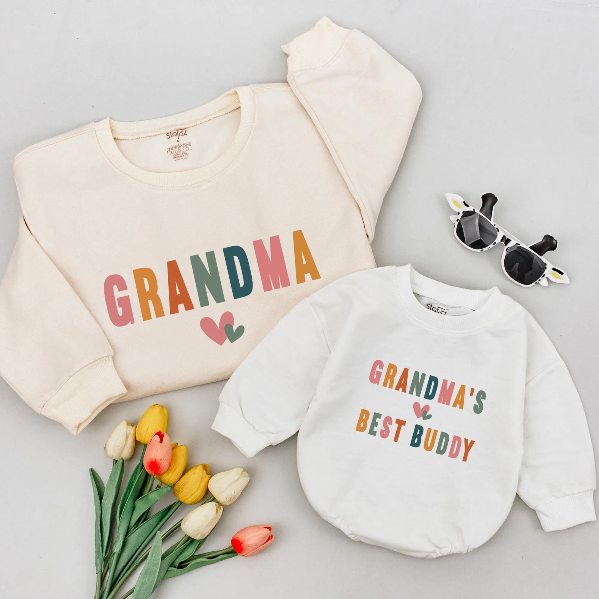 Personalized Grandma and Me Matching Sweatshirts Retro Design Baby Shower Gift Cotton Soft Clothes for Grandma Grandchild Birthday Outfit