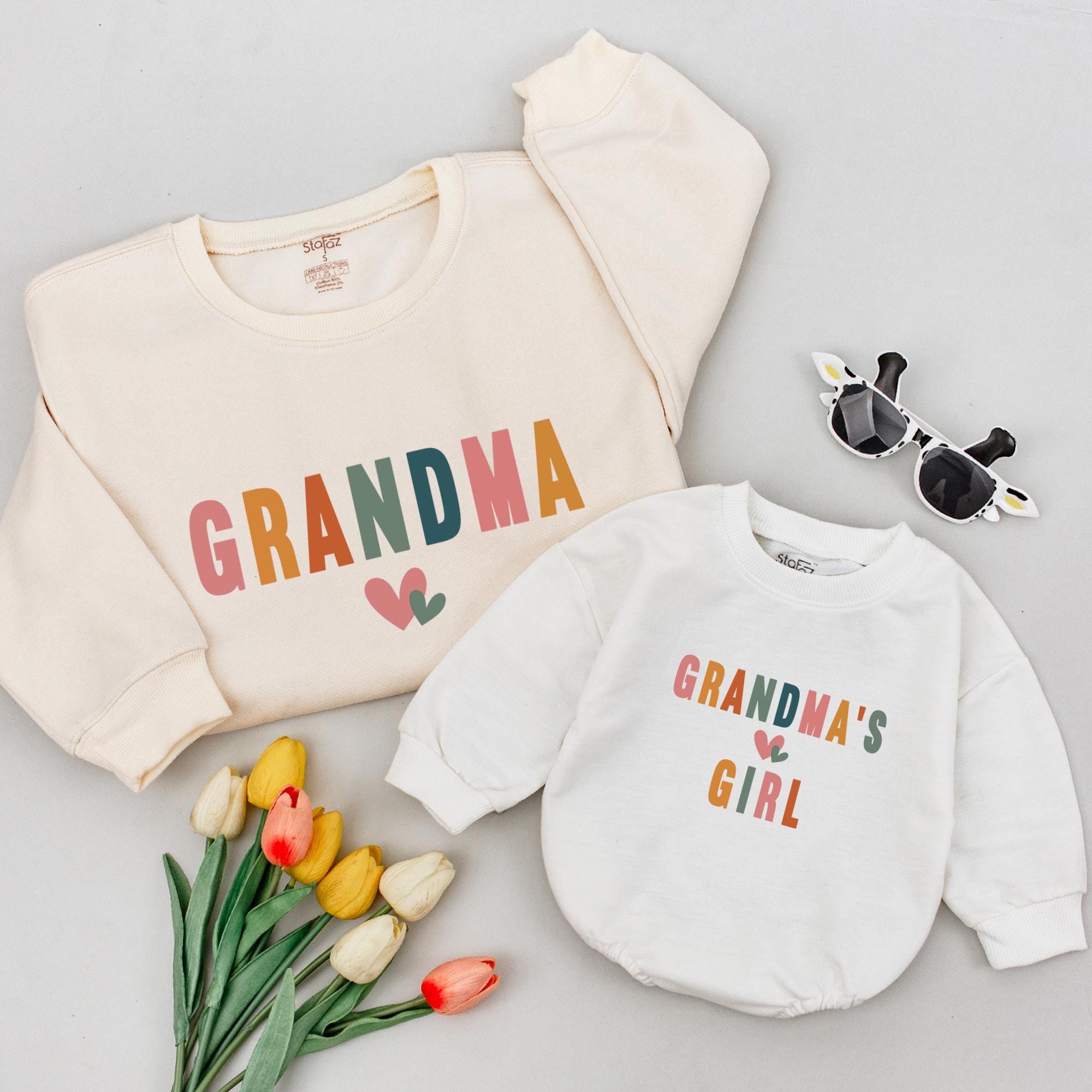 Personalized Grandma and Me Matching Sweatshirts Retro Design Baby Shower Gift Cotton Soft Clothes for Grandma Grandchild Birthday Outfit