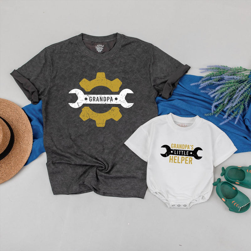 Personalized Grandpa Baby Matching Shirts with Wrench Gear Artwork, Grandpa’s Little Helper Romper, Soft Cotton Baby Gift for First Grandson
