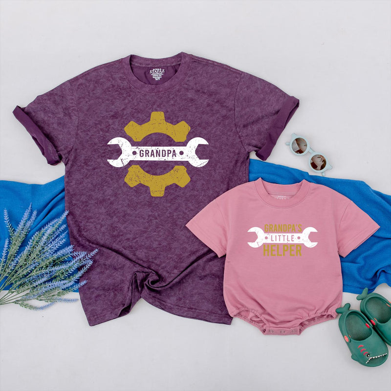 Personalized Grandpa Baby Matching Shirts with Wrench Gear Artwork, Grandpa’s Little Helper Romper, Soft Cotton Baby Gift for First Grandson