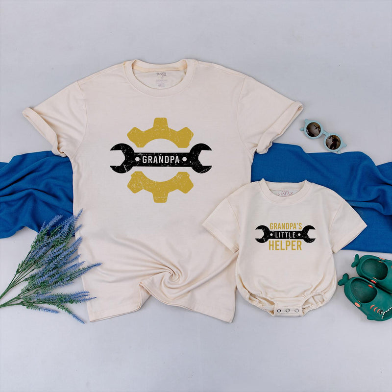 Personalized Grandpa Baby Matching Shirts with Wrench Gear Artwork, Grandpa’s Little Helper Romper, Soft Cotton Baby Gift for First Grandson