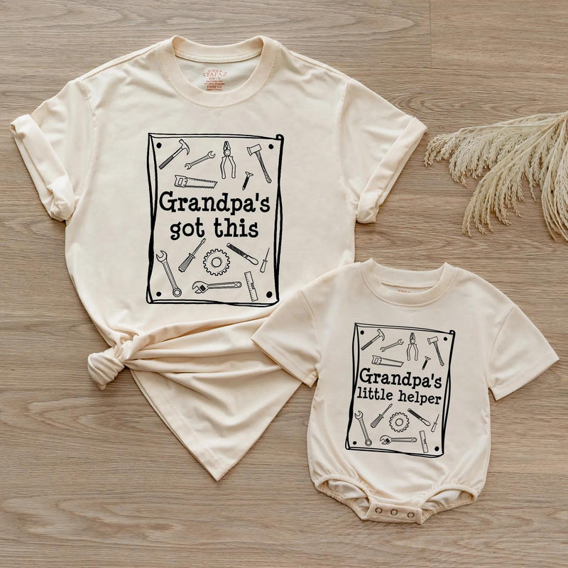 Personalized Grandpa and Me Matching Outfit with Handyman Tools Design, Grandpa's Little Helper Baby Romper and Grandpa Shirt, Soft Cotton