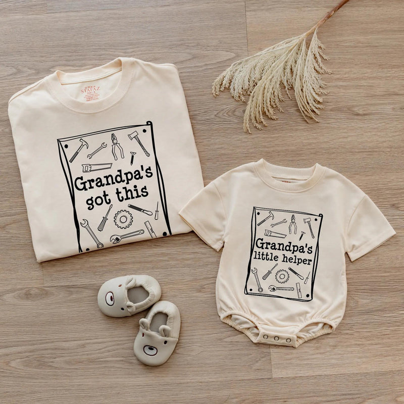 Personalized Grandpa and Me Matching Outfit with Handyman Tools Design, Grandpa's Little Helper Baby Romper and Grandpa Shirt, Soft Cotton