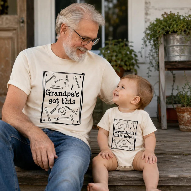 Personalized Grandpa and Me Matching Outfit with Handyman Tools Design, Grandpa's Little Helper Baby Romper and Grandpa Shirt, Soft Cotton
