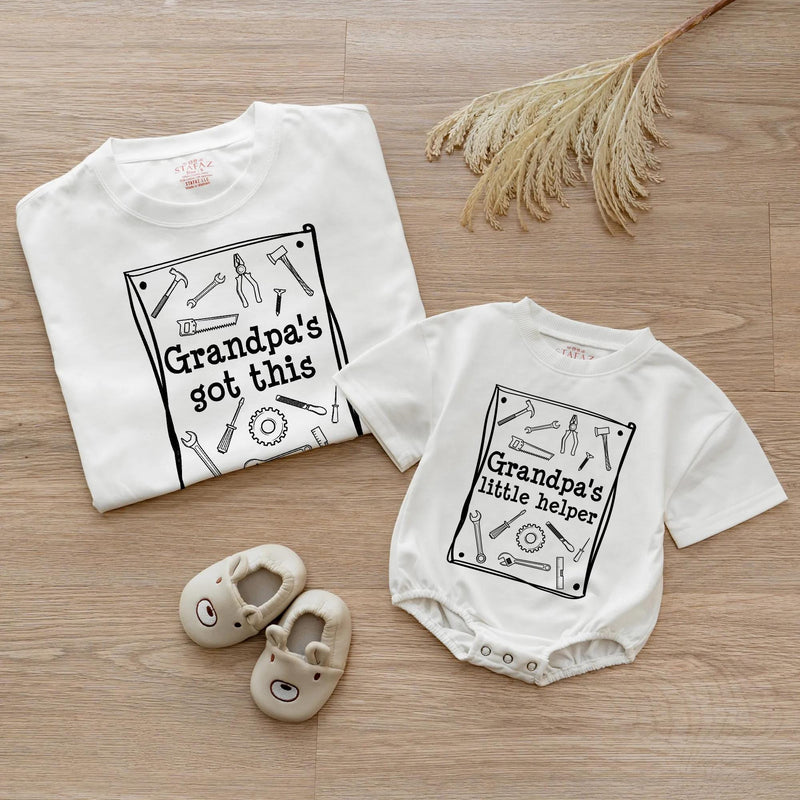 Personalized Grandpa and Me Matching Outfit with Handyman Tools Design, Grandpa's Little Helper Baby Romper and Grandpa Shirt, Soft Cotton