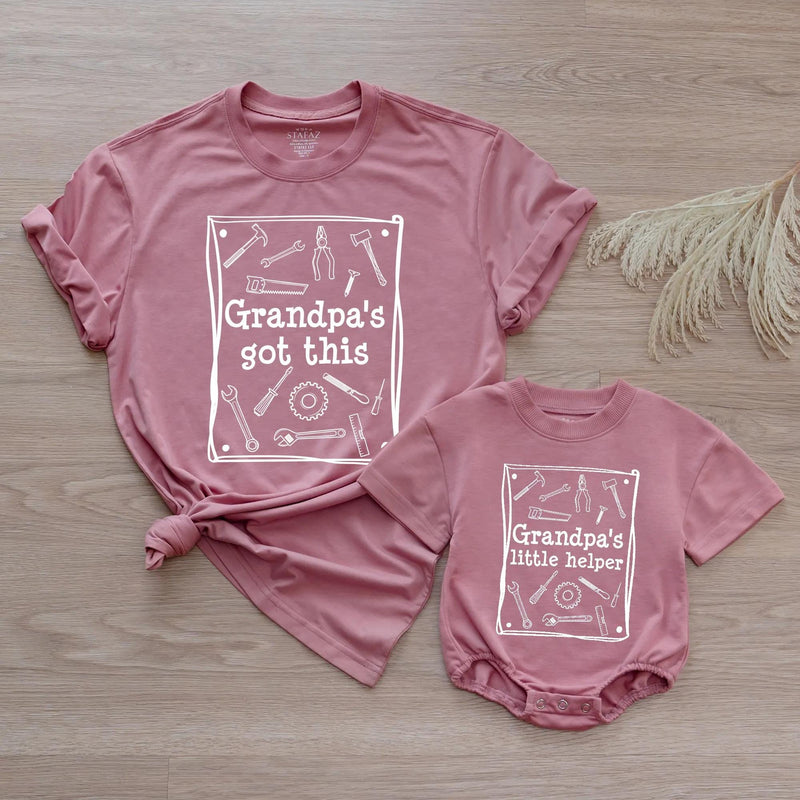 Personalized Grandpa and Me Matching Outfit with Handyman Tools Design, Grandpa's Little Helper Baby Romper and Grandpa Shirt, Soft Cotton