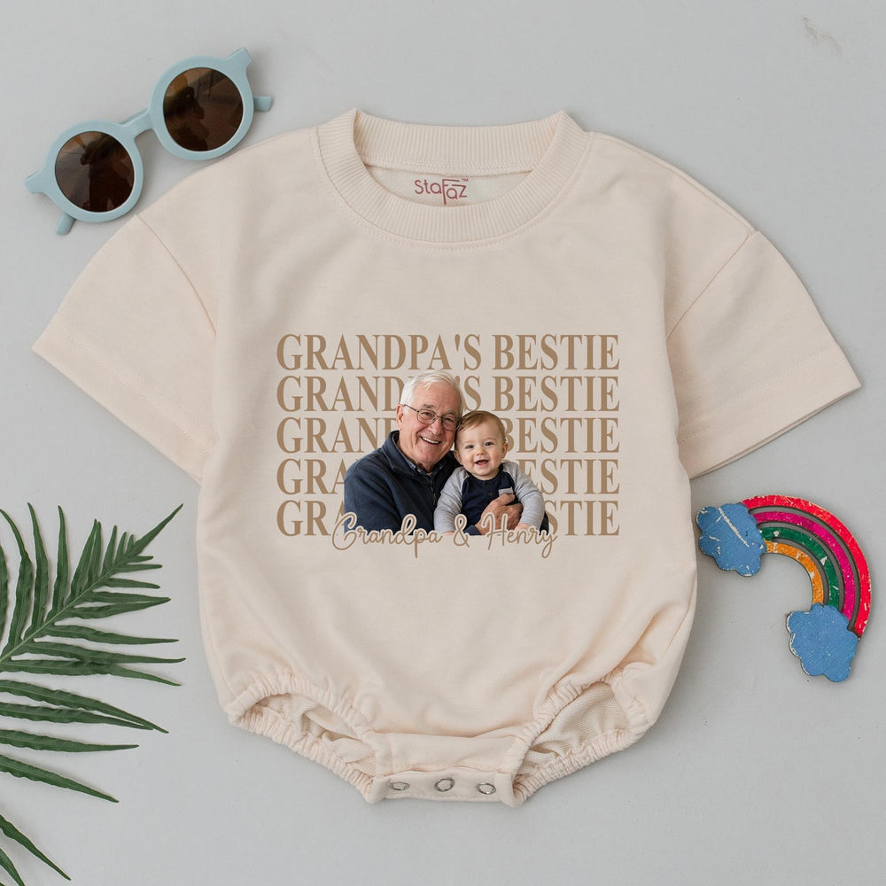 Personalized Grandpa's Bestie Baby Romper with Custom Photo and Names Soft Cotton Outfit for Infant or Toddler Newborn to 24 Months