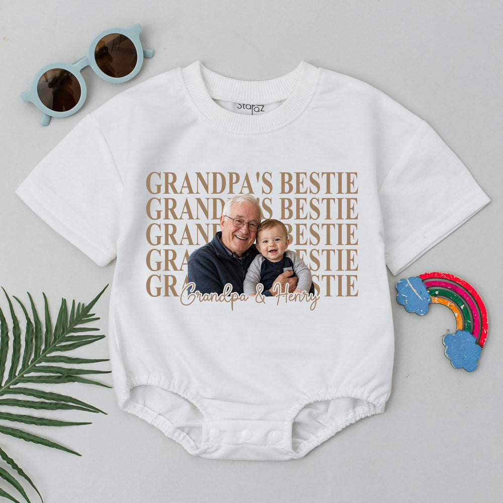 Personalized Grandpa's Bestie Baby Romper with Custom Photo and Names Soft Cotton Outfit for Infant or Toddler Newborn to 24 Months