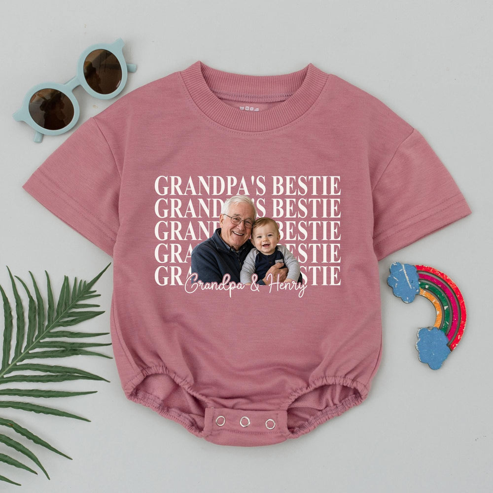 Personalized Grandpa's Bestie Baby Romper with Custom Photo and Names Soft Cotton Outfit for Infant or Toddler Newborn to 24 Months