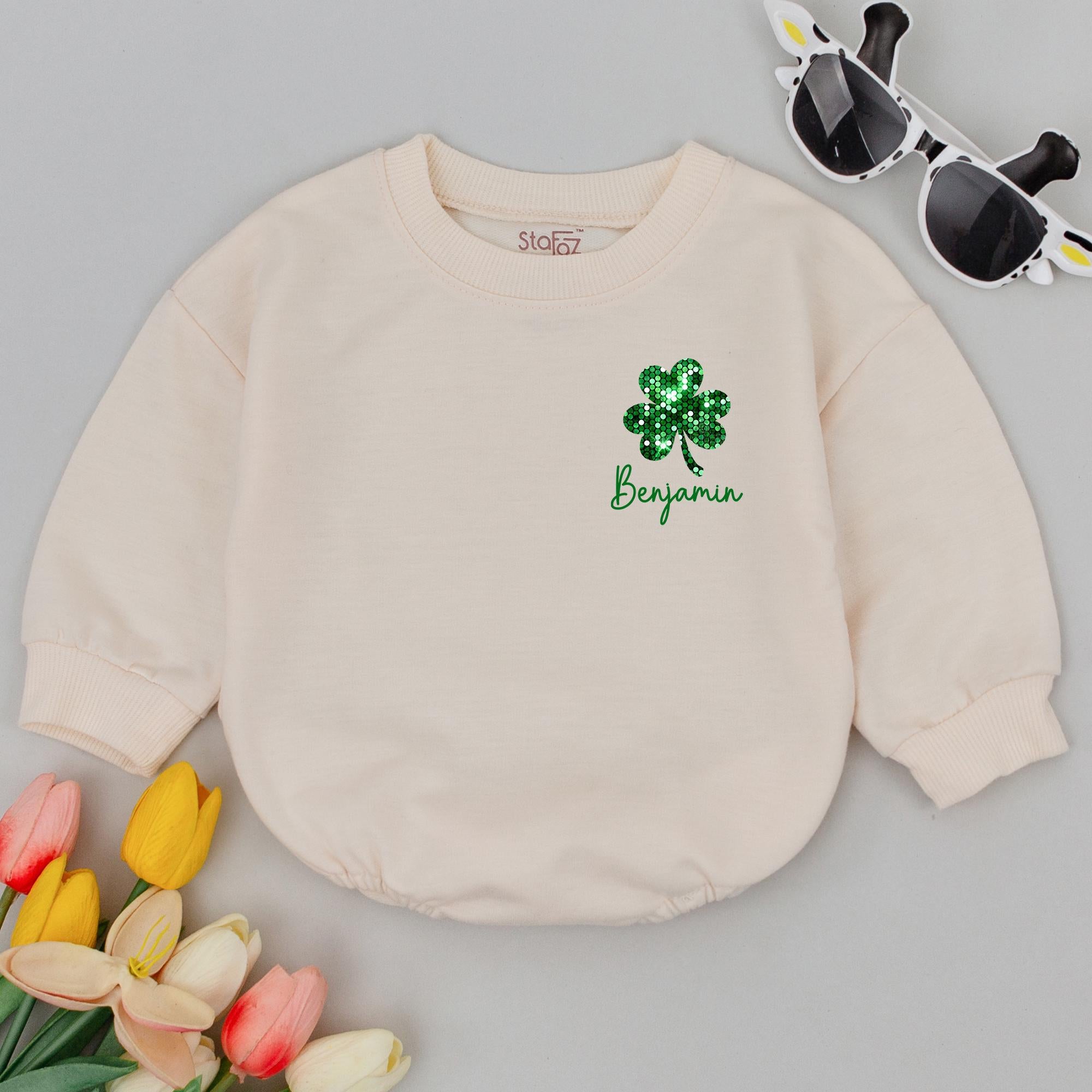 Personalized Green Shamrock Baby Romper St. Patrick's Day Outfit Glittery Clover Custom Name Infant Bodysuit Soft Comfortable Holiday Gift