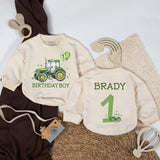 Personalized Green Tractor Baby Romper, 1st Birthday Outfit for Boy, Farm-Themed Party Clothes, Cake Smash Gift, Custom Name Design
