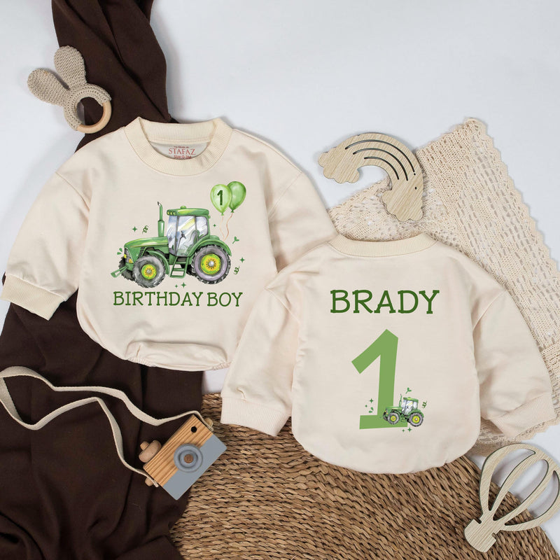 Personalized Green Tractor Baby Romper, 1st Birthday Outfit for Boy, Farm-Themed Party Clothes, Cake Smash Gift, Custom Name Design