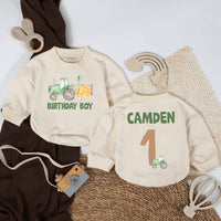 Personalized Green Tractor Birthday Romper for Baby Boys First Party, Farm Theme Outfit with Custom Name Tan Number One Gift