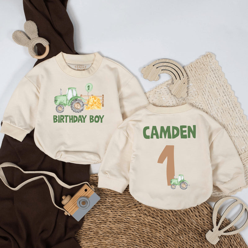 Personalized Green Tractor Birthday Romper for Baby Boys First Party, Farm Theme Outfit with Custom Name Tan Number One Gift