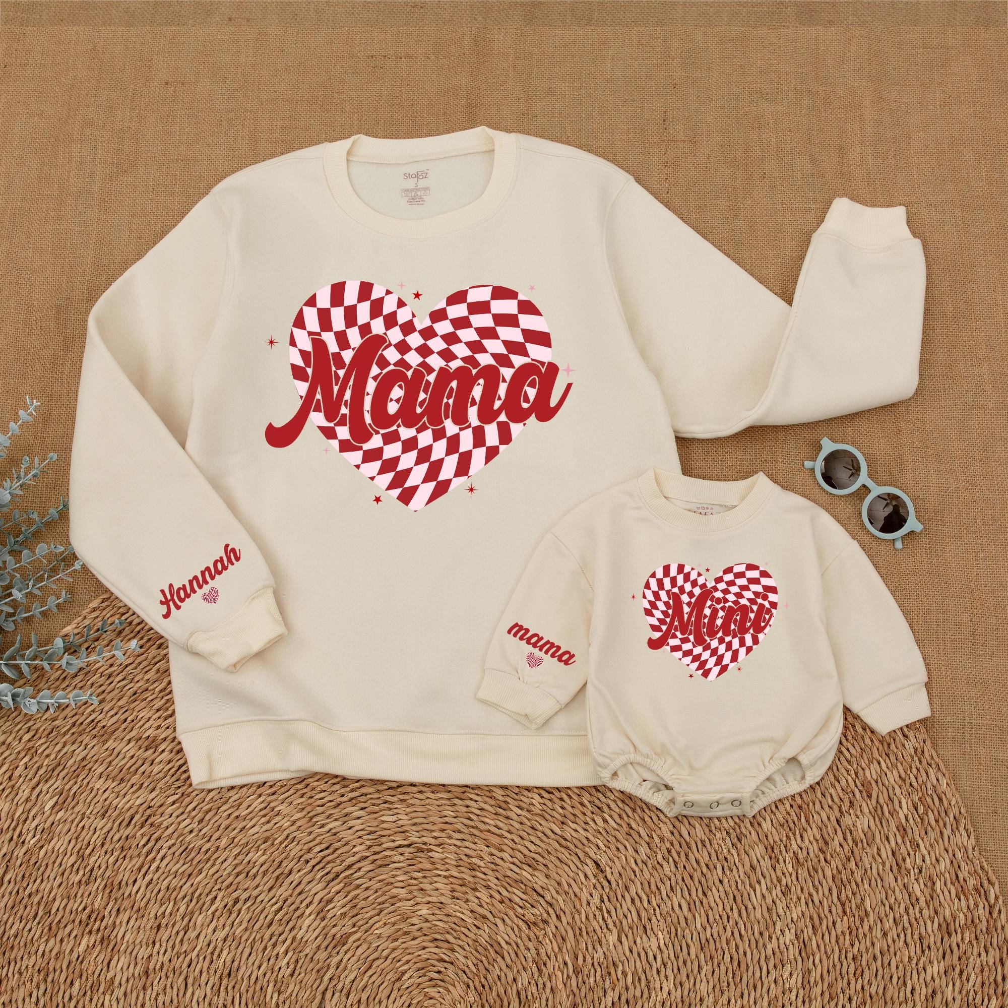 Personalized Groovy Valentine Mama Mini Sweatshirts Family Matching Cozy Retro Heart Design Custom Names Cotton Soft Gift