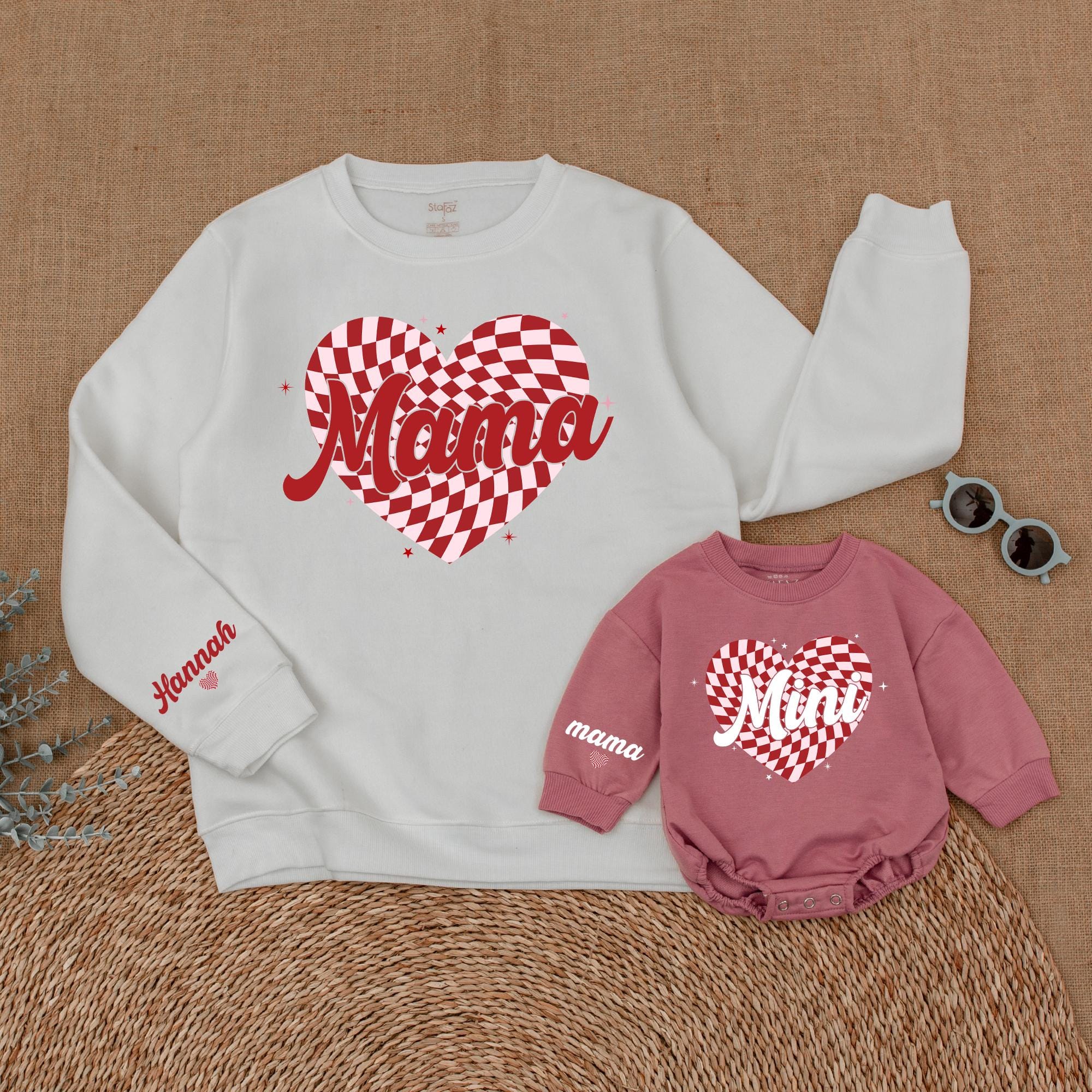 Personalized Groovy Valentine Mama Mini Sweatshirts Family Matching Cozy Retro Heart Design Custom Names Cotton Soft Gift