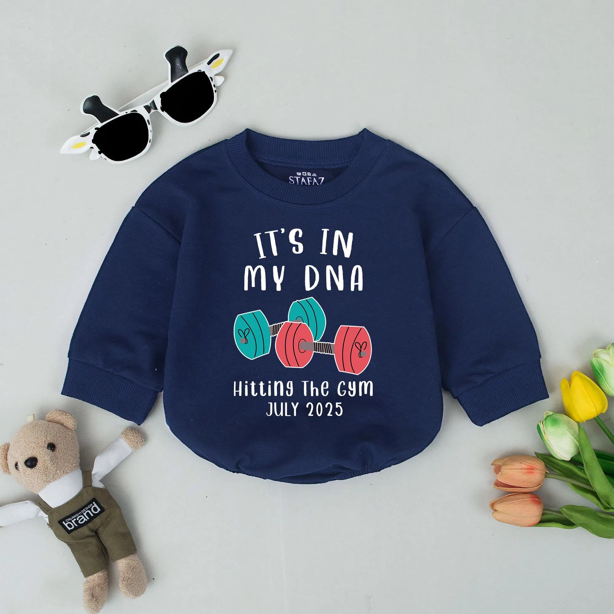 Personalized Gym Baby Romper It's in My DNA Outfit with Dumbbell Design Custom Date Newborn Bodysuit Sporty Baby Shower Gift July 2025