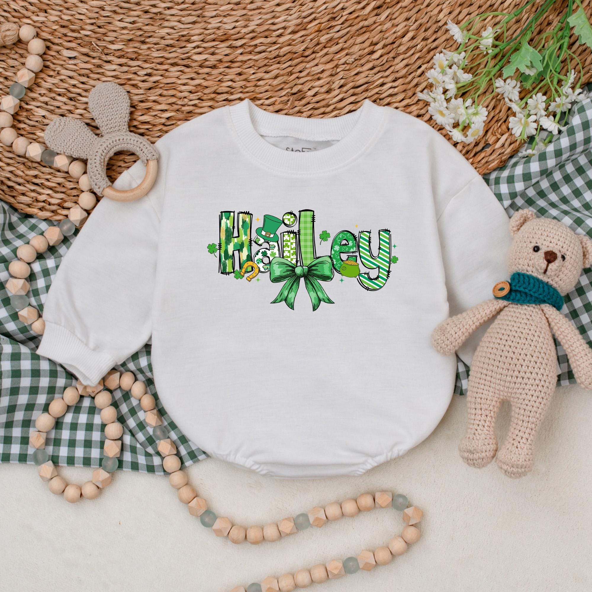 Personalized Hailey St. Patrick's Day Baby Romper with Green Bow Whimsical Holiday Outfit Festive Shamrock Design Cotton Infant Gift