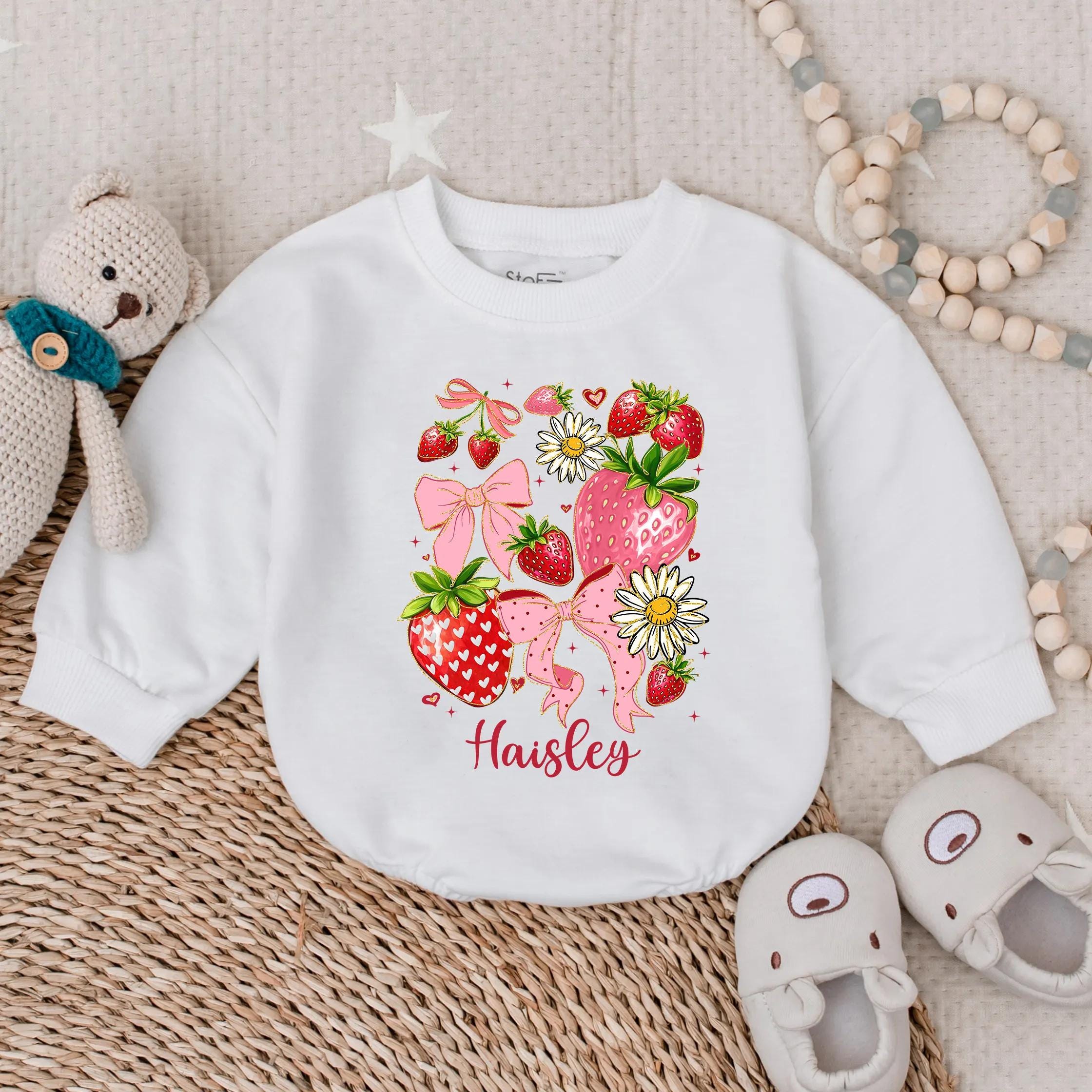 Personalized Haisley Strawberry Romper Playful Baby Outfit with Pink Bows Boho Summer Gift for Toddlers and Infants