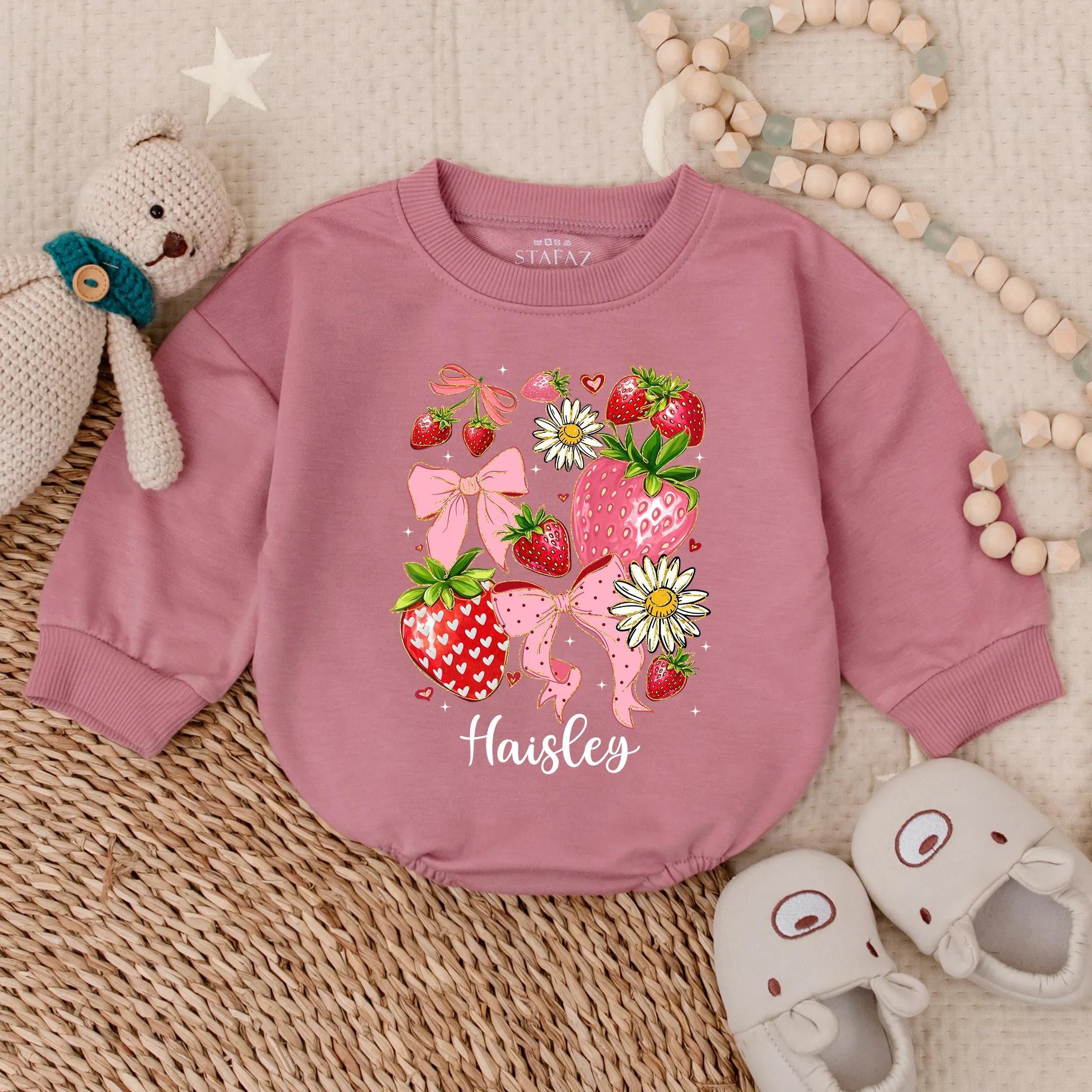 Personalized Haisley Strawberry Romper Playful Baby Outfit with Pink Bows Boho Summer Gift for Toddlers and Infants