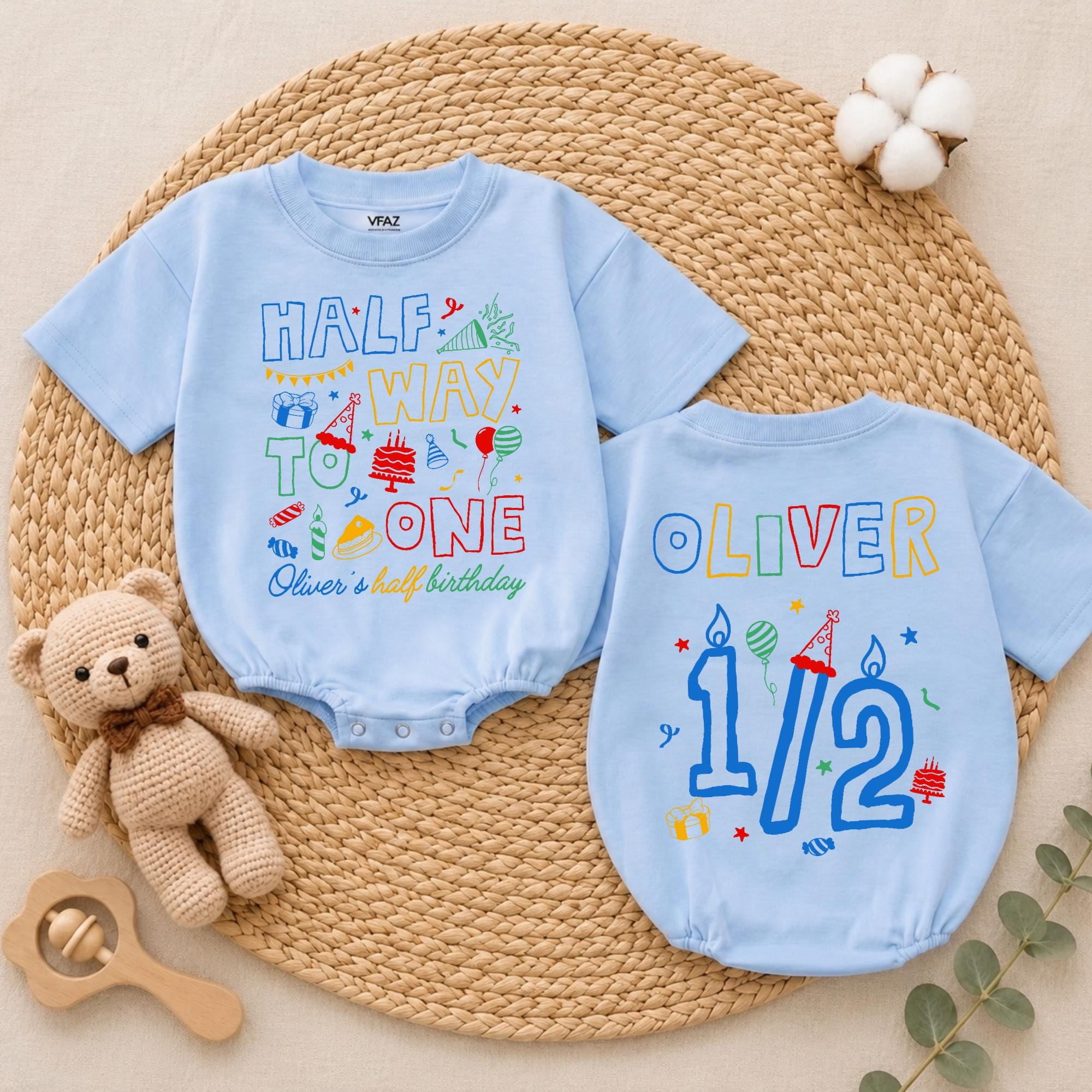 Personalized Half Birthday Baby Boy Romper with Custom Name Half Way to One Outfit Colorful Party Design 6 Month Milestone Gift